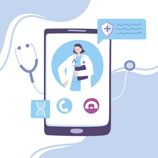 Médecin en ligne, praticienne avec stéthoscope sur l'écran du smartphone conseil médical ou service de consultation — Image vectorielle