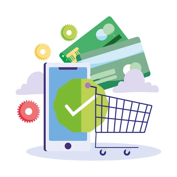 Online platba, bankovní karty smartphone nákupní košík kontrolní značka, nakupování na trhu s elektronickým obchodem, mobilní aplikace — Stockový vektor