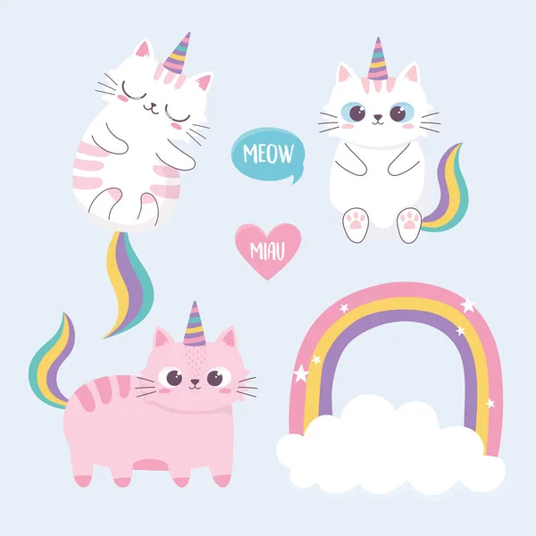 Lindo gatos arco iris cuerno nube dibujos animados animal divertido carácter — Vector de stock