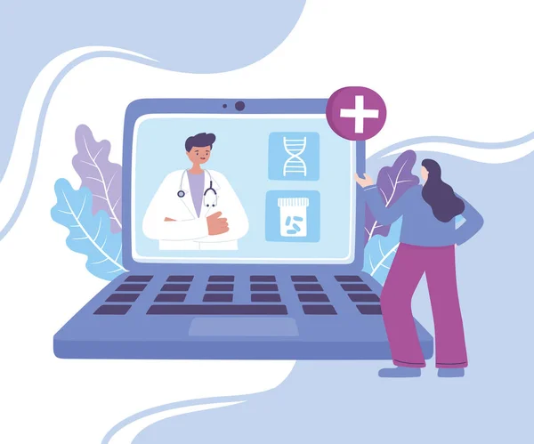 Doctor en línea, paciente que se reúne con un médico en línea usando una tecnología del ordenador portátil, consejo médico o servicio de consulta — Vector de stock