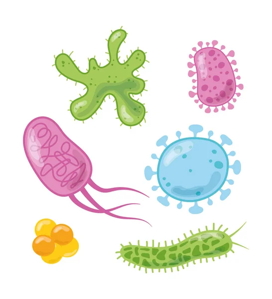 Bakterier och virus celler molekyl vetenskap sjukdom set — Stock vektor