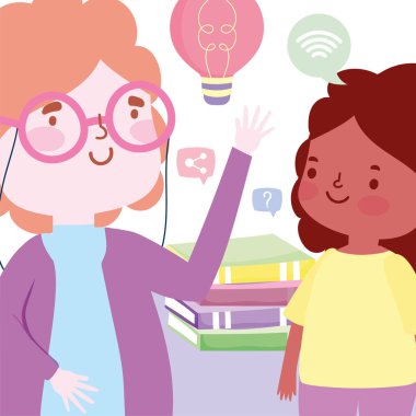 Çevrimiçi eğitim, öğretmen ve öğrenci kızı ve yığınla kitap, web sitesi ve mobil eğitim kursları