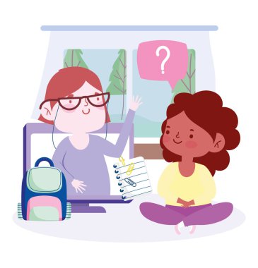 çevrimiçi eğitim, öğretmen ve öğrenci kız bilgisayar çantası, web sitesi ve mobil eğitim kursları