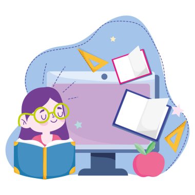 Çevrimiçi eğitim, bilgisayar cetveli ve elmalı kitap okuyan kız öğrenci, web sitesi ve mobil eğitim kursları