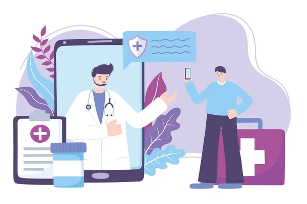 Médecin en ligne, praticien smartphone et patient conseil médical ou service de consultation — Image vectorielle