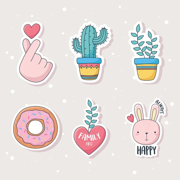 Schattig cactus plant konijn donut en hart spullen voor kaarten stickers of patches decoratie cartoon — Stockvector