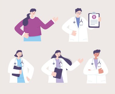 Teletıp, karakter doktorları kadın hasta erkek steteskop ve rapor