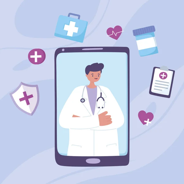 Telemedicina, teléfono inteligente asistencia médica chat con el médico — Vector de stock