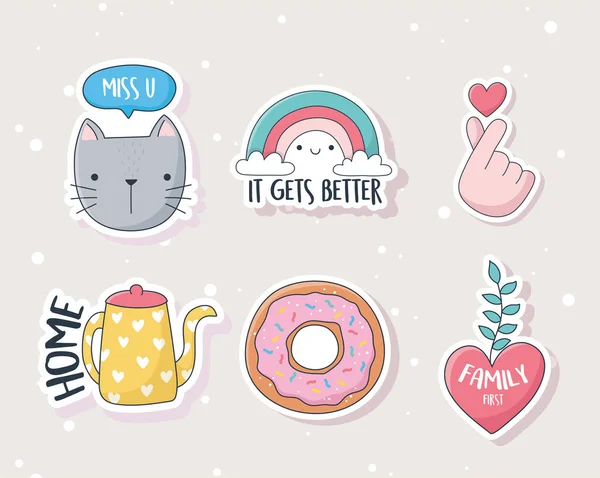 Schattig kitten regenboog hart donut ketel spullen voor kaarten stickers of patches decoratie cartoon — Stockvector