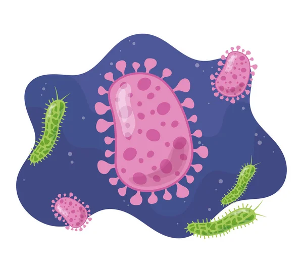 Bacteria microscópica de la célula del coronavirus y microorganismo del virus, infección de la enfermedad — Vector de stock