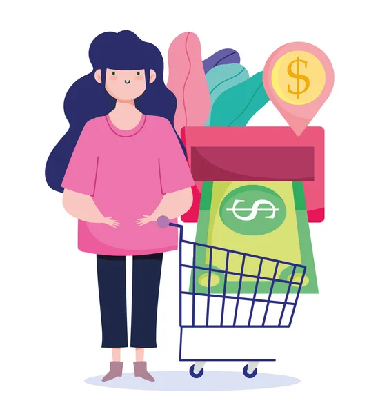 オンライン決済、女性のお金とカートの購入、 eコマース市場のショッピング、モバイルアプリ — ストックベクタ