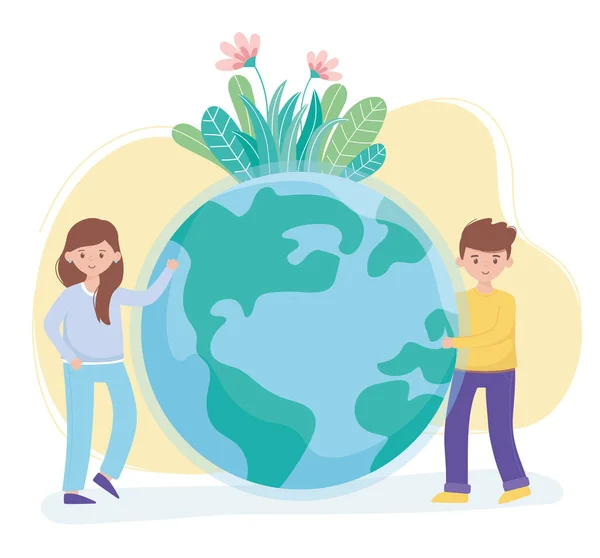 Niño y niña con flores del mundo follaje proteger la naturaleza y la ecología — Vector de stock