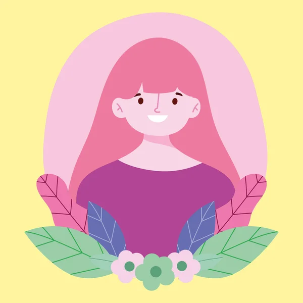Jovem mulher desenho animado personagem retrato flores folhagem design — Vetor de Stock