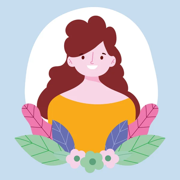 Jovem mulher desenho animado personagem retrato flores folhagem design — Vetor de Stock