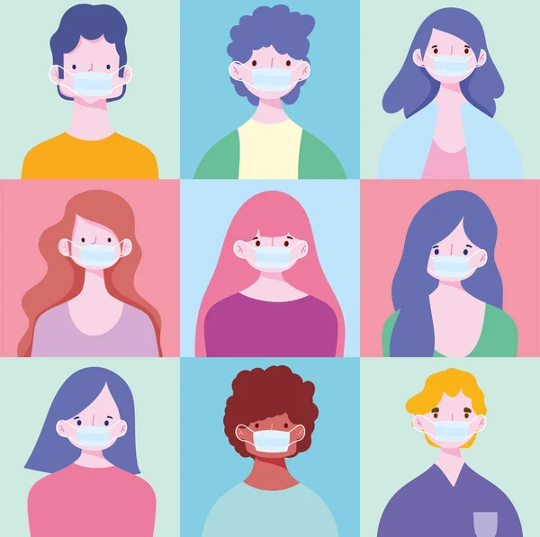 予防コロナウイルスcovid 19医療用マスクを持つ若い人女性の保護感染症 — ストックベクタ