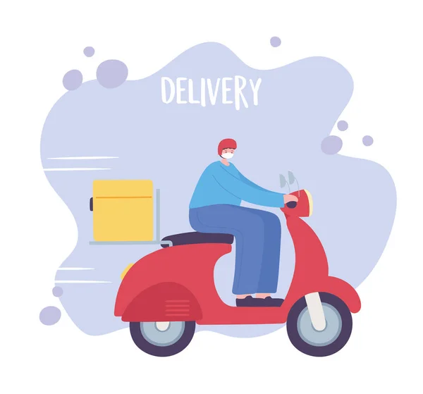 Online delivery service, man with medical mask riding motorcycle, fast and free transport, order shipping — Stock Vector