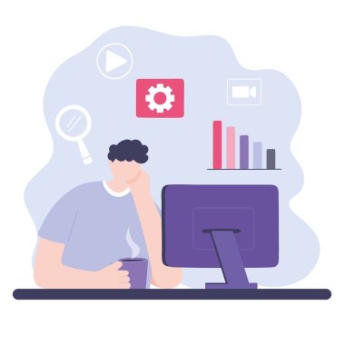 Online eğitim, kahve fincanı ve bilgisayarı olan çocuk, internet kullanarak bilgi geliştirme kursları veriyor.