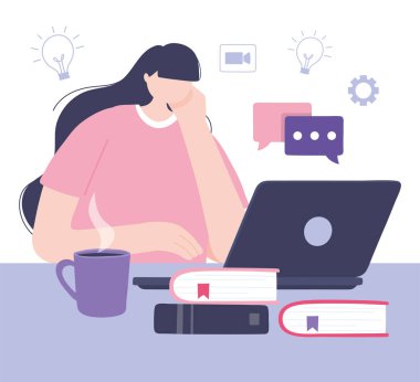 Çevrimiçi eğitim, kitap okuyan öğrenci kadın dizüstü bilgisayar, internet kullanarak bilgi geliştirme kursu