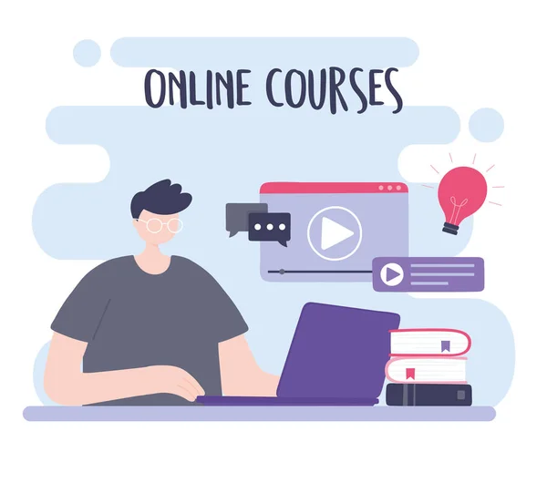 Formación en línea, niño utilizando la educación de vídeo portátil, cursos de desarrollo de conocimientos de Internet — Vector de stock