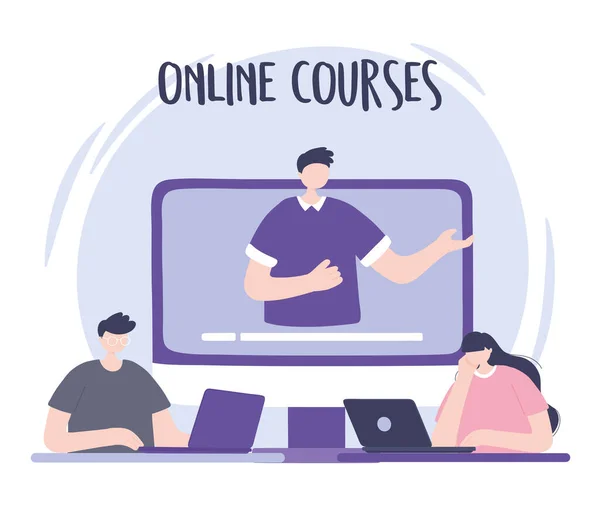 Formación en línea, hombre en video webinar personas con ordenador portátil, cursos de desarrollo de conocimientos mediante Internet — Vector de stock