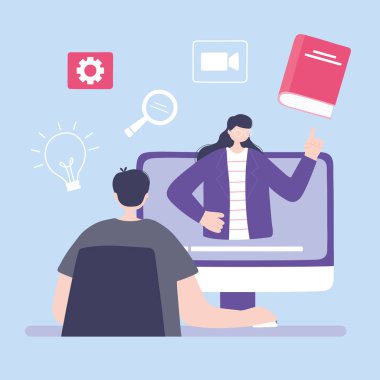 Çevrimiçi eğitim, seminerde erkek arayan video kadın, internet kullanarak bilgi geliştirme kursları