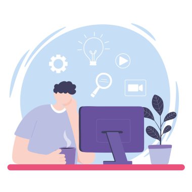 Çevrimiçi eğitim, video dersi bilgisayarı arayan çocuk, internet kullanarak bilgi geliştirme kursu