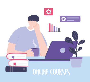 Çevrimiçi eğitim, kitaplı öğrenci bilgisayarı, internet kullanarak bilgi geliştirme kursları