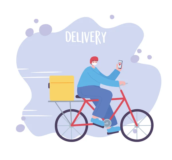 Servicio de entrega en línea, bicicleta a caballo hombre con máscara y teléfono inteligente, transporte rápido y gratuito, envío de pedidos — Vector de stock