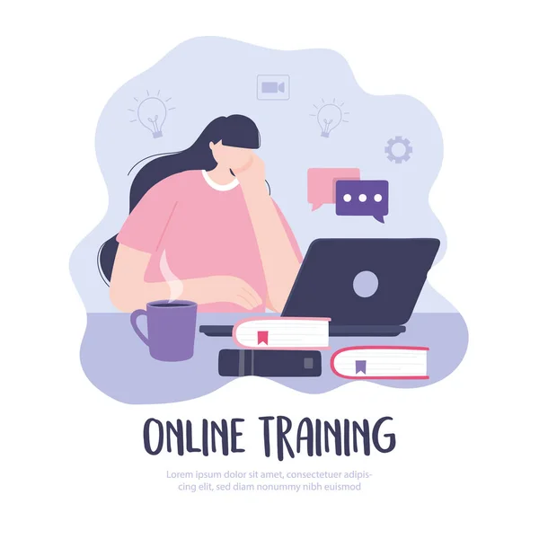 Formación en línea, chica con plataforma portátil estudio web, cursos de desarrollo de conocimientos utilizando Internet — Archivo Imágenes Vectoriales