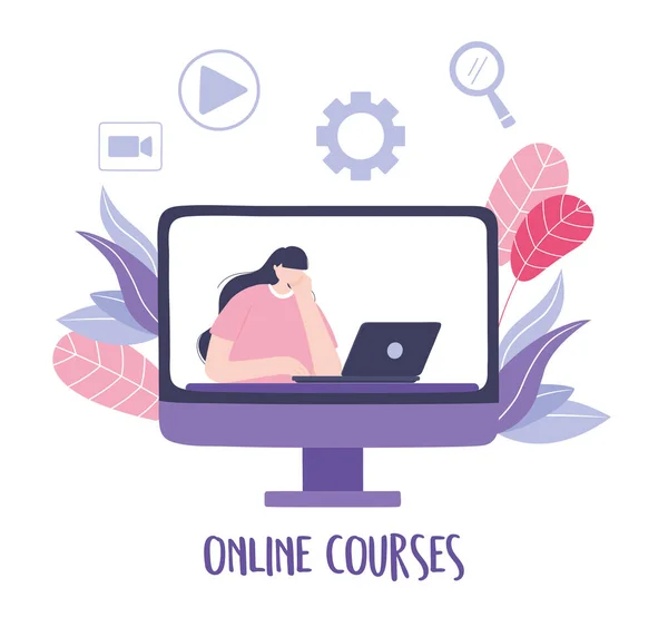 Entrenamiento en línea, computadora con chica usando video portátil, cursos de desarrollo de conocimientos utilizando Internet — Vector de stock