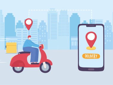 Çevrimiçi dağıtım hizmeti, scooter süren adam akıllı telefon sipariş işaretleyici konumu, hızlı ve ücretsiz ulaşım, uygulama web sitesi