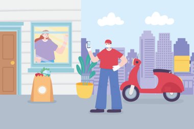 Çevrimiçi dağıtım hizmeti, maskeli kurye ve akıllı telefon, evde kal müşteri, Coronavirus covid 19