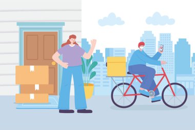 Çevrimiçi dağıtım hizmeti. Solunum maskeli, Coronavirus covid 19 kutulu kurye.