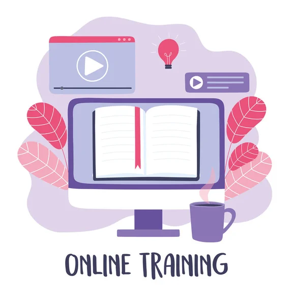 Онлайн-навчання, комп'ютерне відео електронна книга навчається чашці кави, розвиток знань курсів за допомогою Інтернету — стоковий вектор