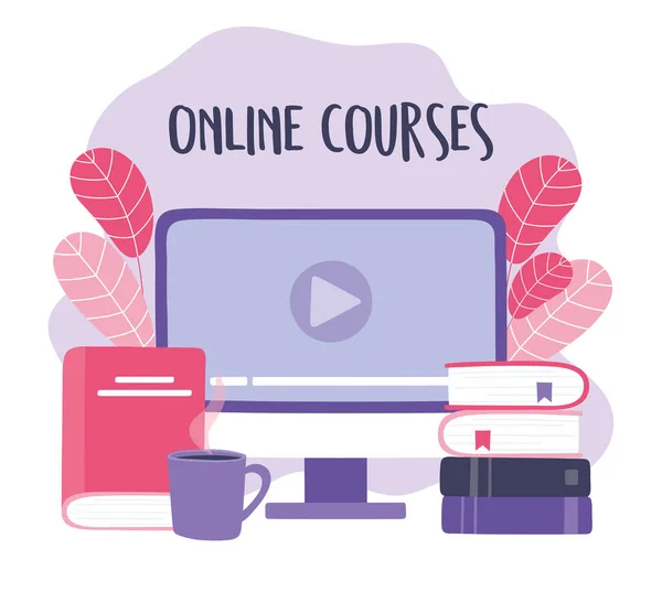 Formación en línea, videolibros y taza de café, cursos de desarrollo de conocimientos utilizando Internet — Vector de stock