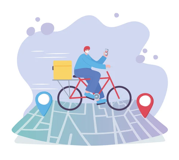 Çevrimiçi dağıtım hizmeti, navigasyon haritasında akıllı telefonlu bisikletli adam, hızlı ve ücretsiz ulaşım, sipariş gönderme, uygulama web sitesi — Stok Vektör