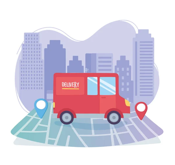 Layanan pengiriman online, truk di peta navigasi kota lokasi pointer, cepat dan gratis transportasi, pengiriman order - Stok Vektor