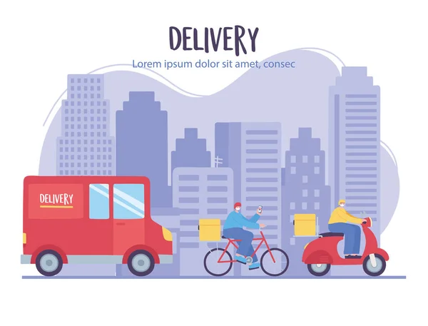 Layanan pengiriman online, pekerja truk di kota bersepeda dan skuter, angkutan cepat dan gratis, pemesanan pengiriman - Stok Vektor