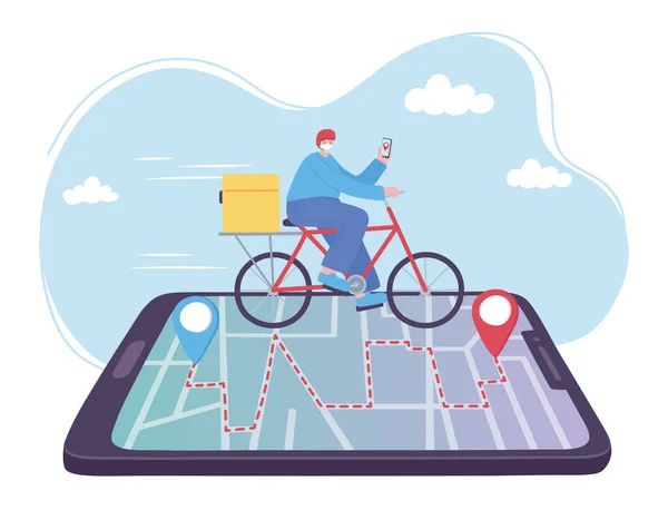 Online-Lieferservice, Fahrrad fahren auf Smartphone-Tracking, schneller und kostenloser Transport, Versand bestellen, App-Website — Stockvektor