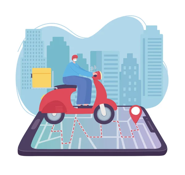 Online delivery service, man riding a scooter on the smartphone map to the pointer, fast and free transport, order shipping, app website — Stock Vector