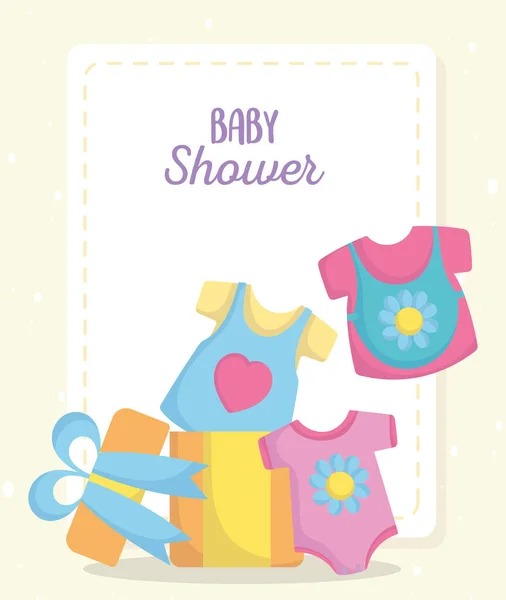 Baby shower, bodysuits ρούχα σε κουτί δώρου, ανακοινώνει νεογέννητο κάρτα καλωσορίσματος — Διανυσματικό Αρχείο