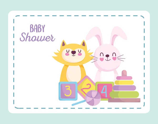 Baby dusch, kanin katt med pyramid kuber och godis tecknad, tillkännage nyfödda välkomstkort — Stock vektor