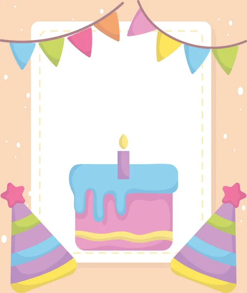 Baby párty, sladký dort a party klobouky oslavy, oznámit novorozence uvítací karta — Stockový vektor