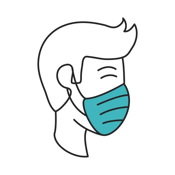 Homme avec masque médical, covide 19 coronavirus prévention propagation épidémie maladie pandémie ligne et remplir style icône — Image vectorielle