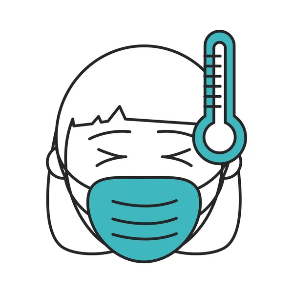 Covid 19 coronavirus, donna con maschera e febbre, prevenzione diffusione malattia linea pandemica e riempire l'icona di stile — Vettoriale Stock