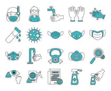 covid 19 koronavirüs önleme salgın salgınını önleme salgın ikonları doğrusal olarak ayarlandı