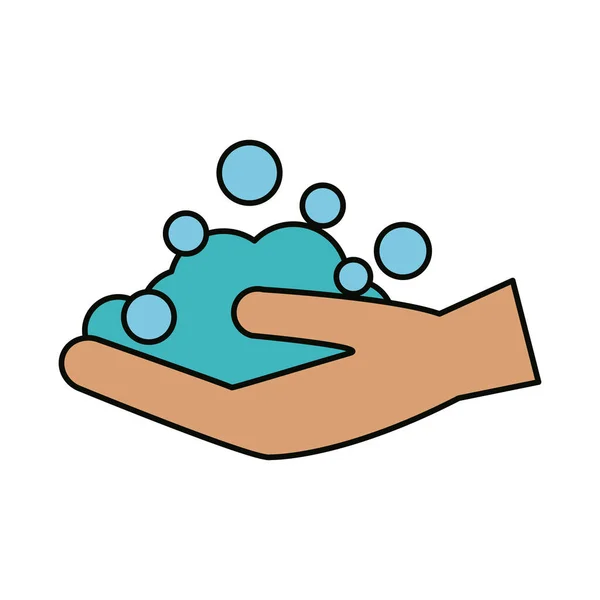Covide 19 coronavirus, main avec savon mousse lavage, prévention propagation épidémie maladie pandémie plat style icône — Image vectorielle