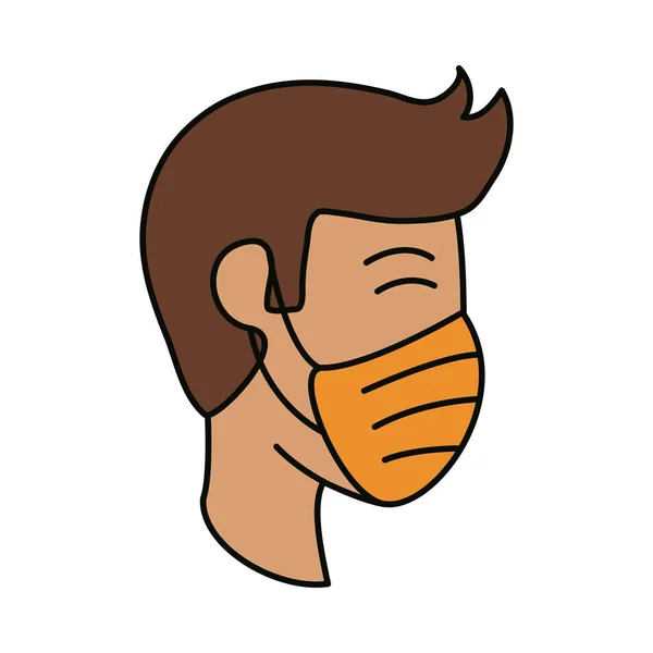Man with medical mask, covid 19 coronavirus prevention spread outbreak disease pandemic flat style icon — Stock Vector