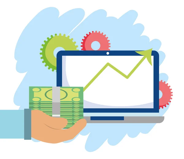 Pagamento em linha, negócio do crescimento do dinheiro da nota do portátil, compras do mercado do comércio eletrônico, aplicação móvel — Vetor de Stock