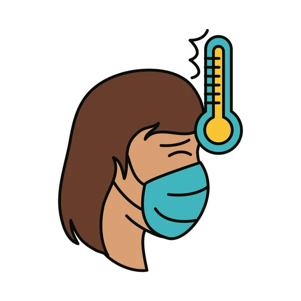 Covid 19 coronavirus, žena s maskou a horečkou, prevence šíření nákazy pandemie plochý styl ikona — Stockový vektor